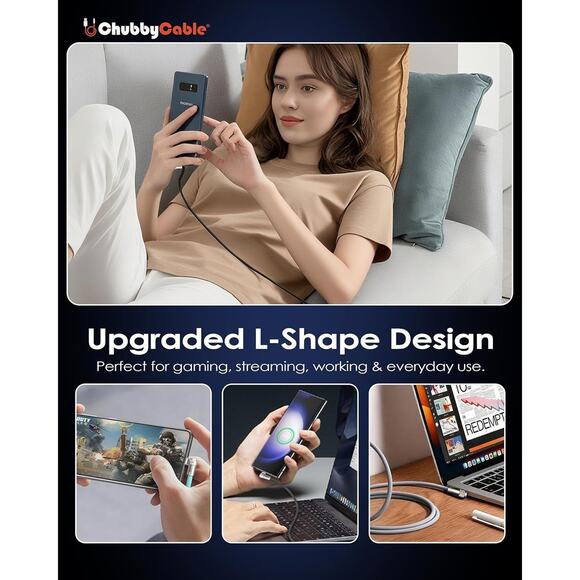 chubbycable FlexElbow Pro 90 Degree 100W Fast Charging 9.8 Ft Right Angle USB-C - Picture 8 of 9